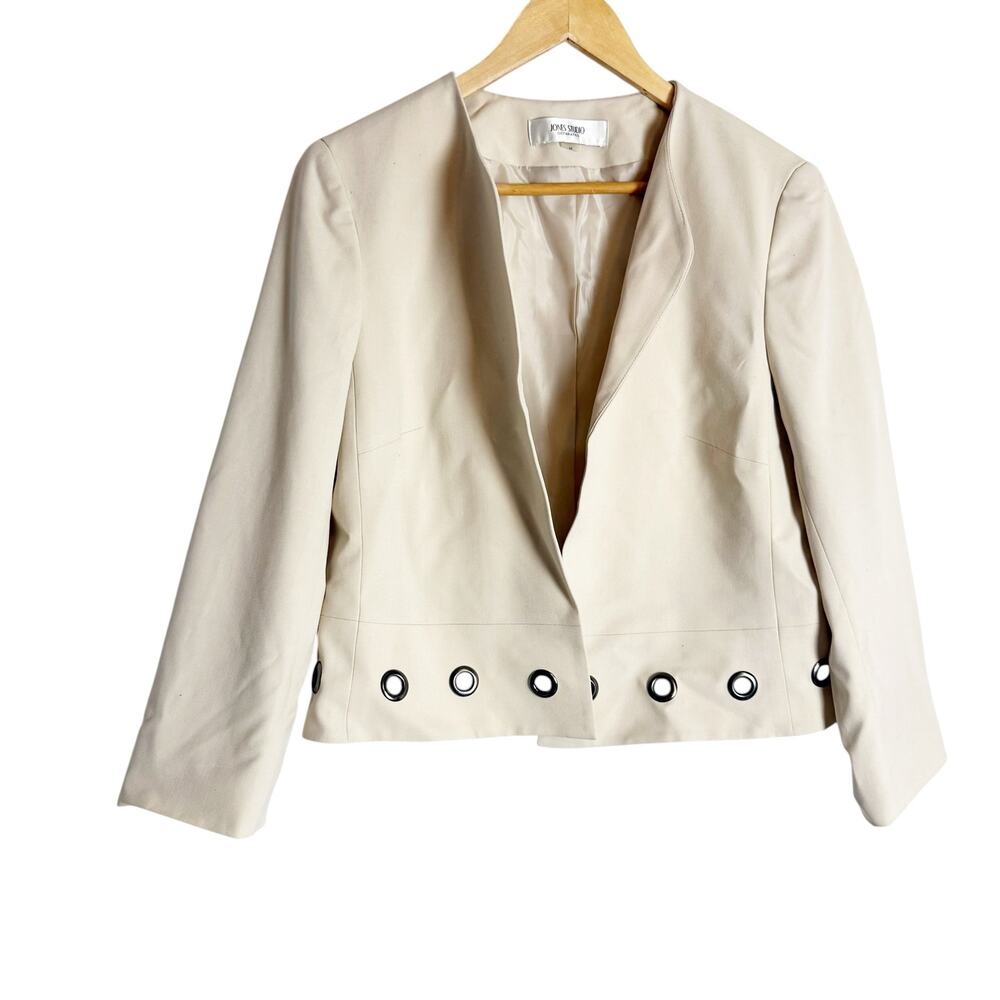 Jones Studio Cream Beige Grommet Hem Open Front Collarless Blazer Jacket Size M